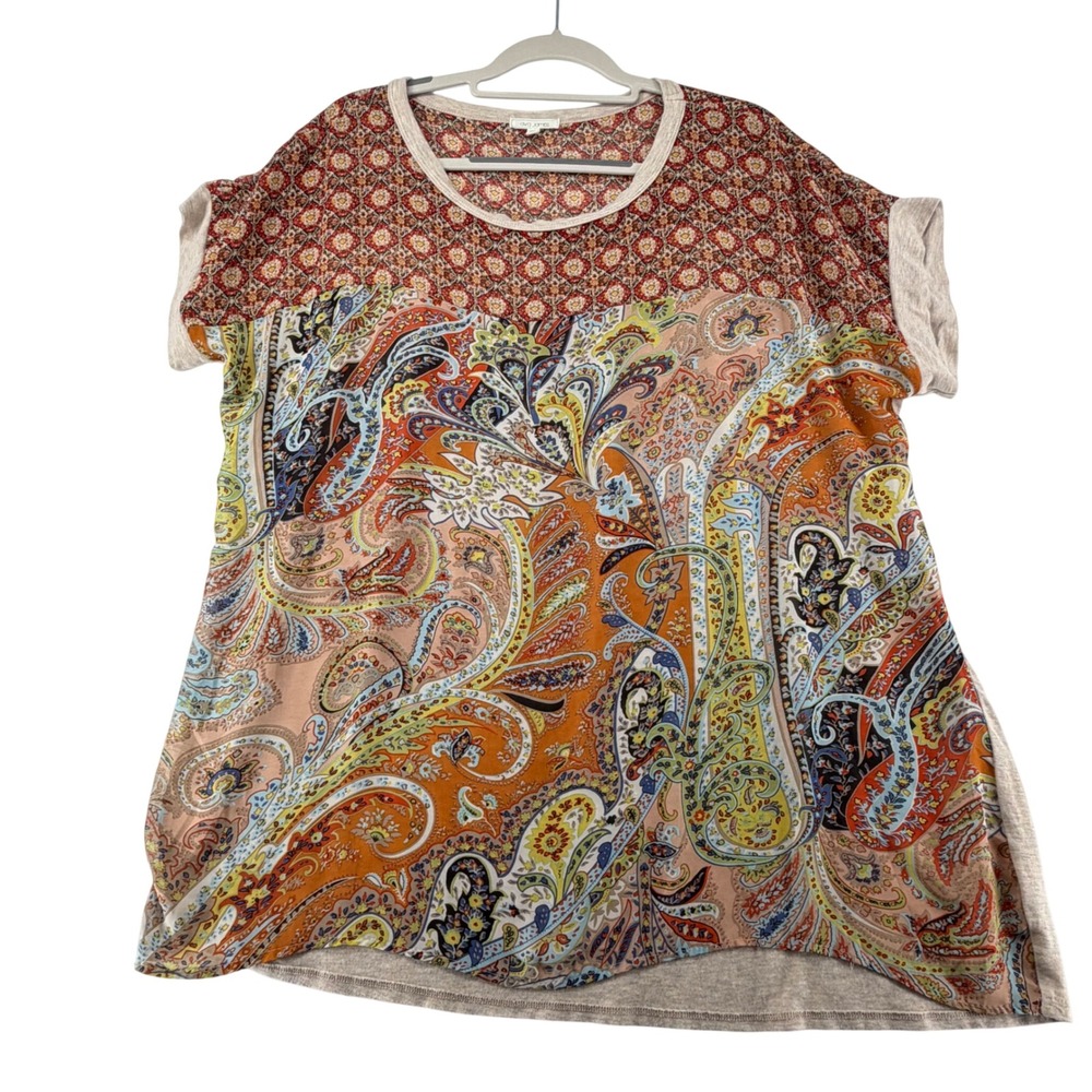 Ava James Mixed Media Paisley Tunic Top Womens 2X Short Sleeve Casual Boho